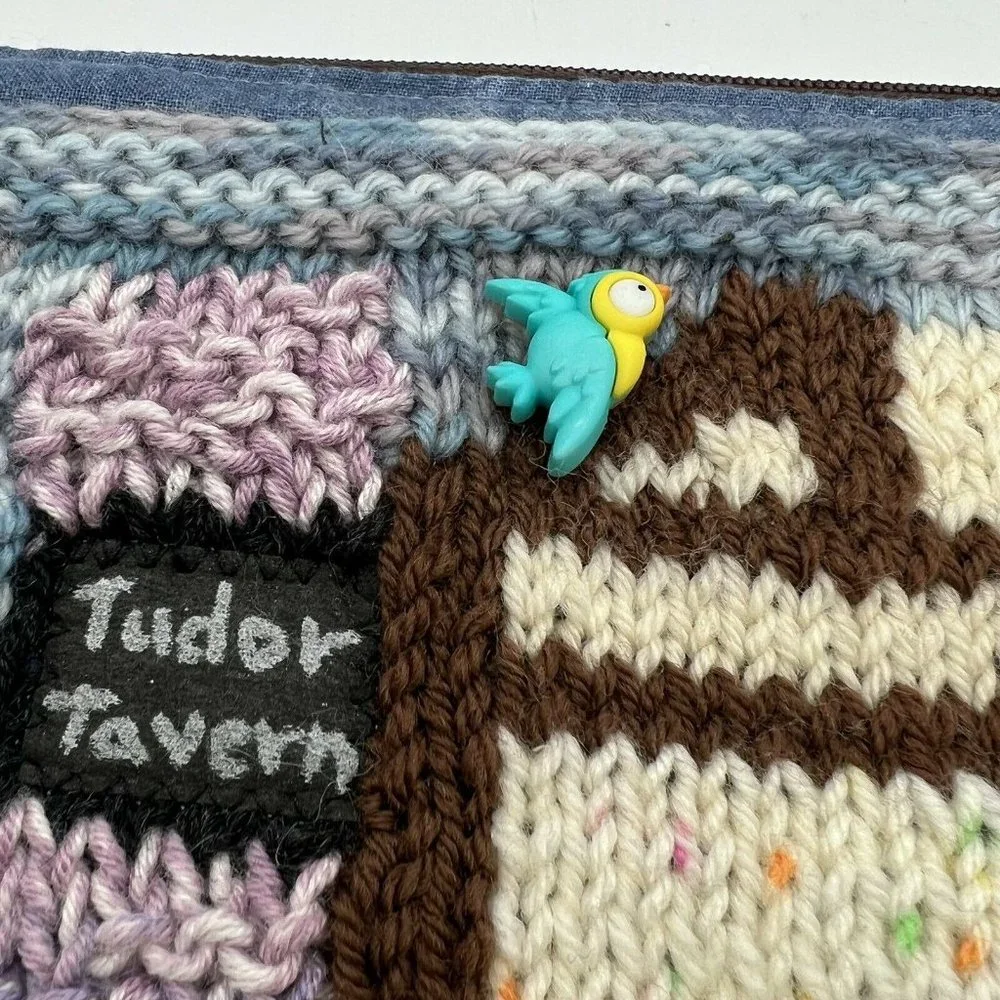 Crochet Knit Small Cosmetic Bag Bird House Jean Fabric Quilt 8.5x7
